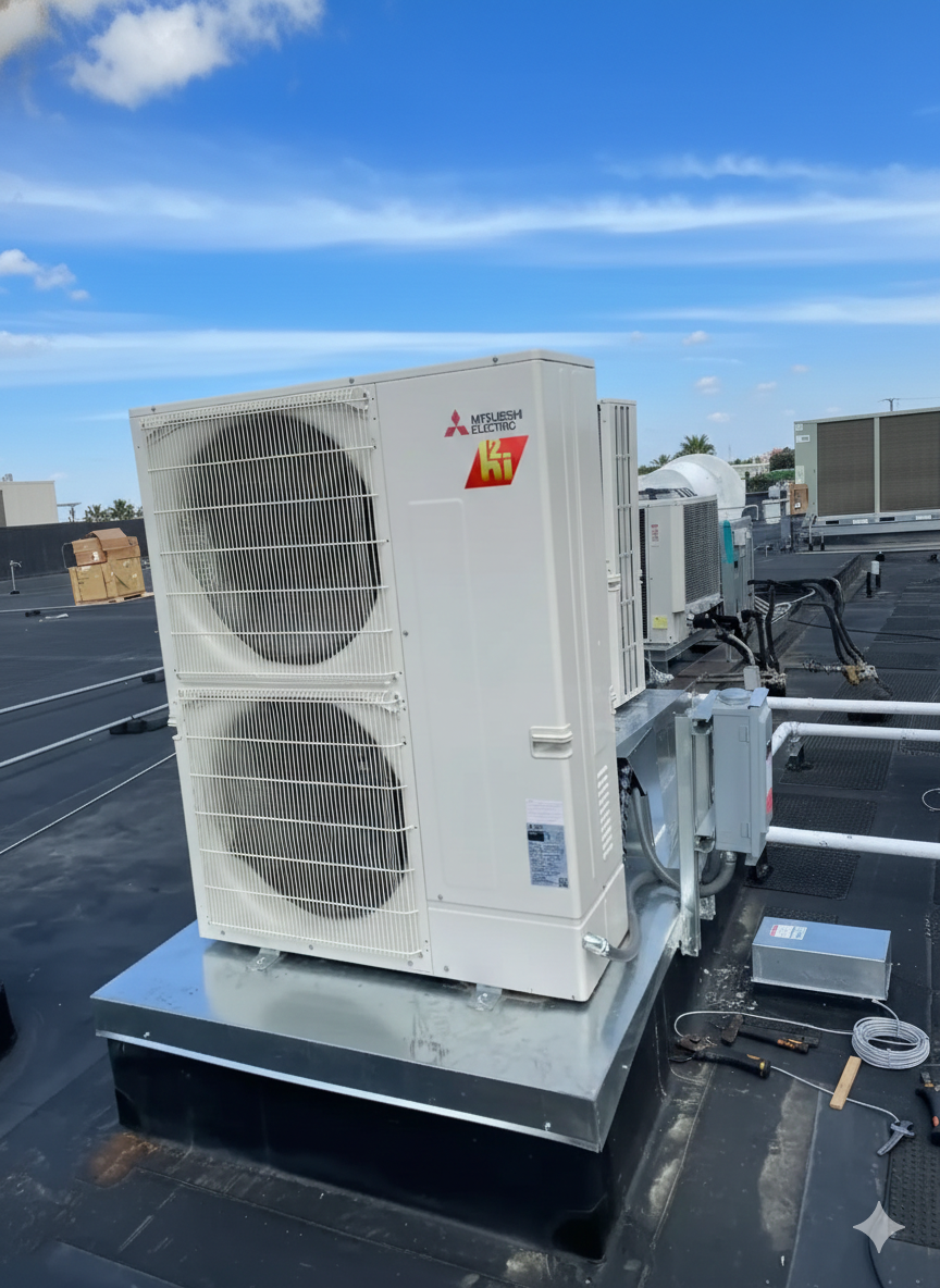 Mitsubishi HVAC unit on a rooftop, with other units in the background under a blue sky.