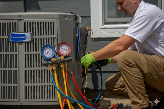 HVAC technician servicing an air conditioning unit. Using gauges, he's connecting hoses to the unit outside a house.