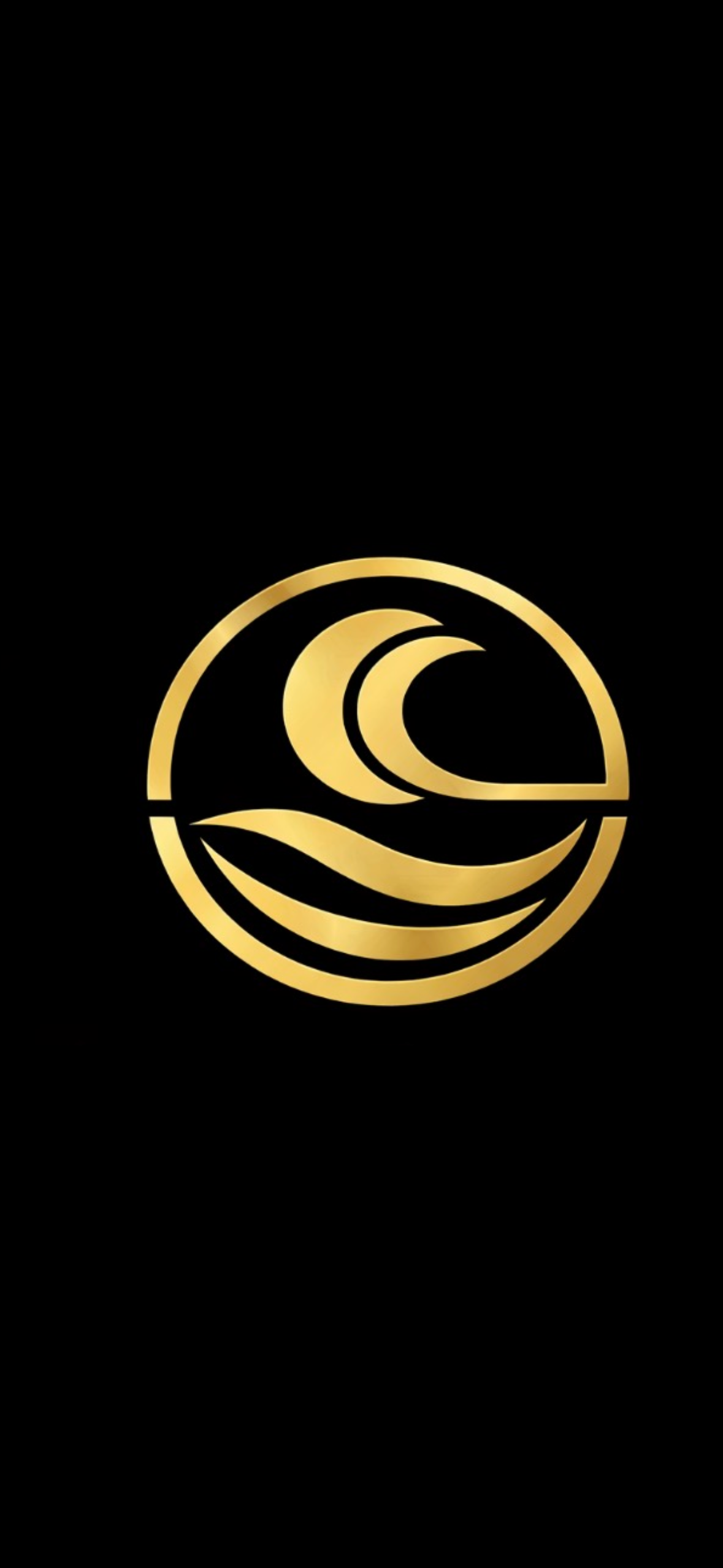 Golden logo on black background: a stylized wave and crescent moon inside a circle.