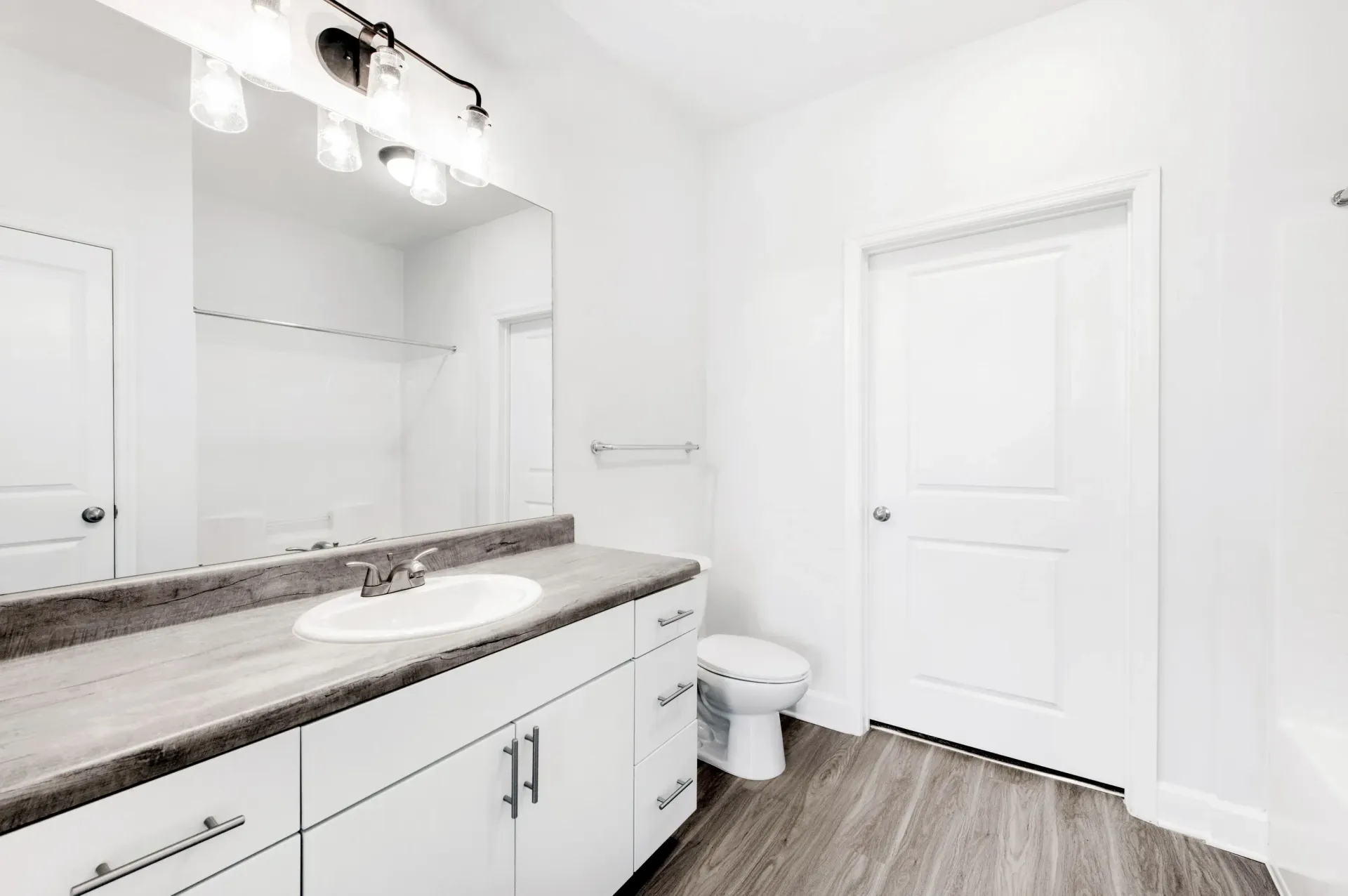 Bright bathroom with white vanity, mirror, sink, toilet, and wood-look flooring.