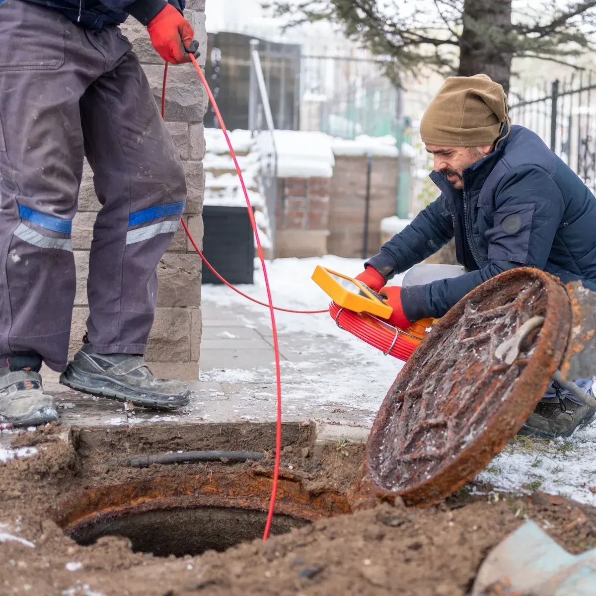 Plumber performing a video camera inspection in a Commerce City sewer line.