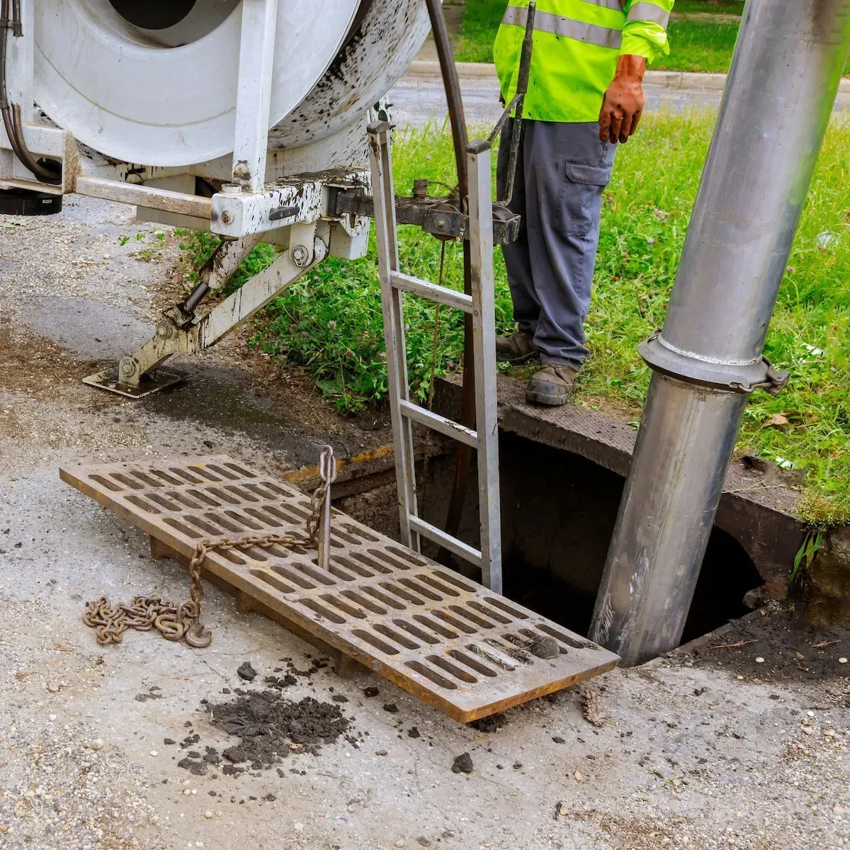 Plumber using equipment for main sewer line maintenance