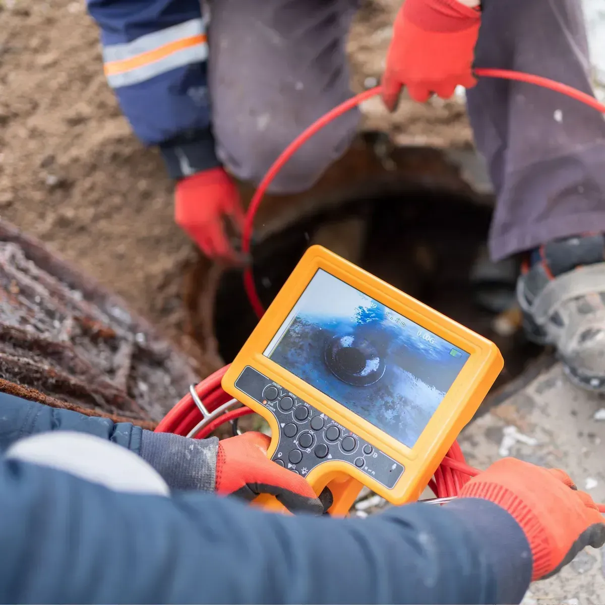 Plumber analyzing video footage of sewer pipes