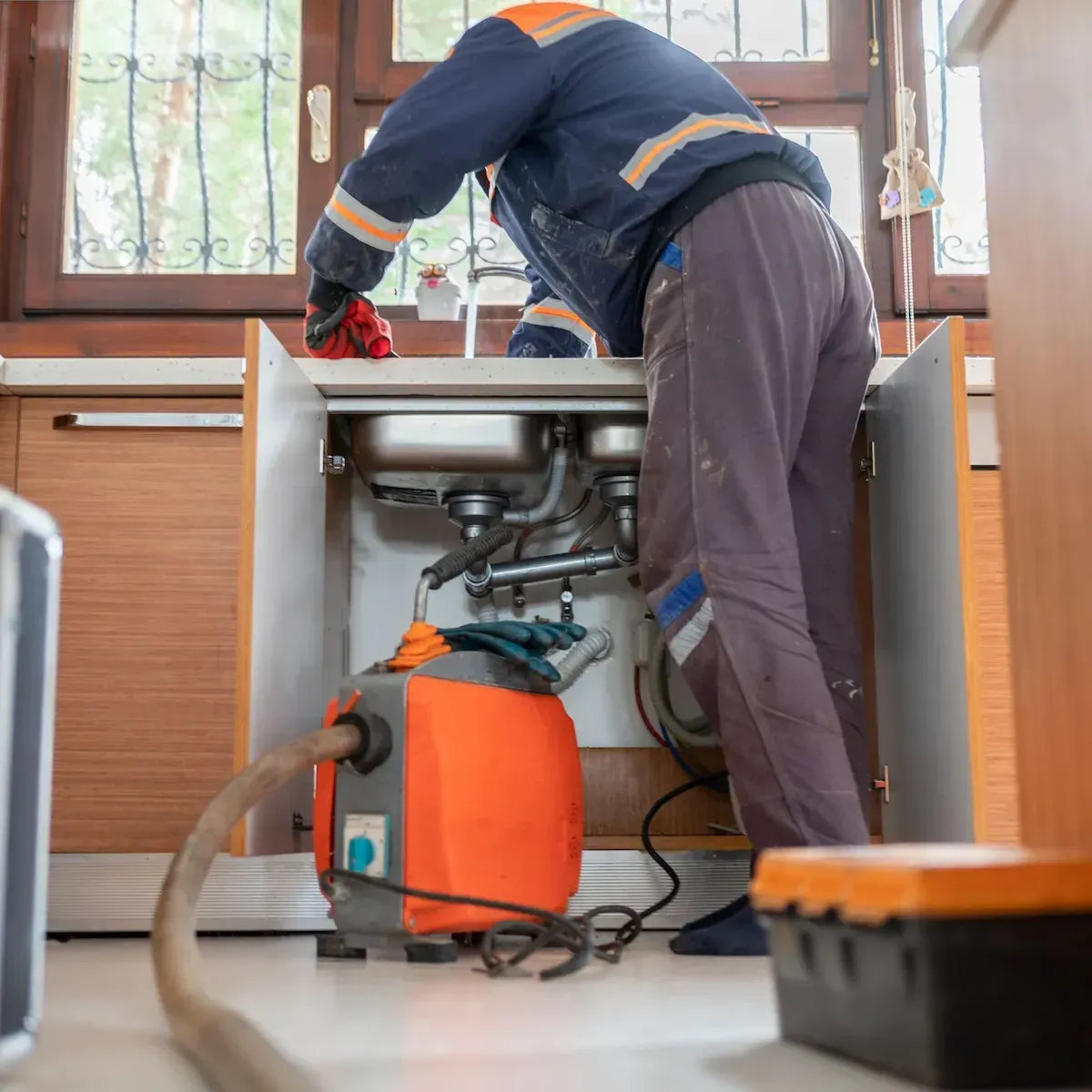 Plumber inspecting a clogged kitchen sink drain in Commerce City.