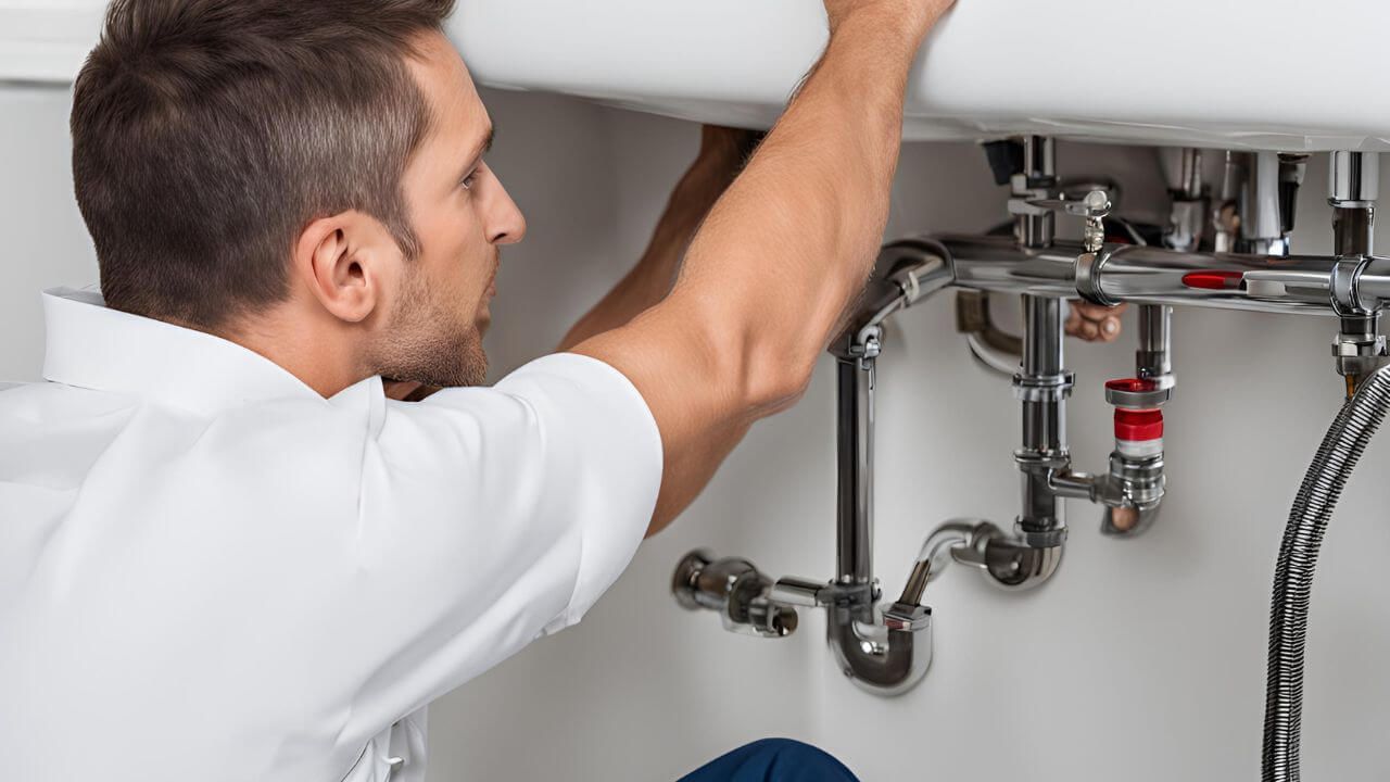Commerce City plumber working under the kitchen sink to resolve a clog.
