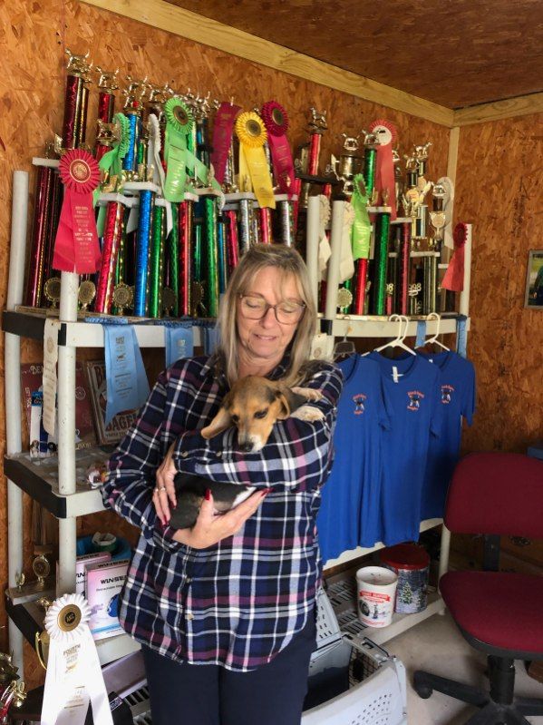 A woman is holding a small dog in her arms in front of trophies.
