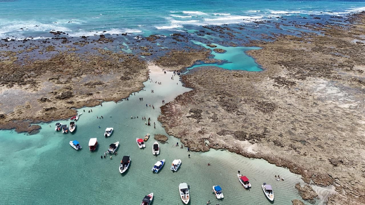 Vista aérea de um oceano azul-turquesa, praia de areia e palmeiras na costa.Pousada Deu Praia