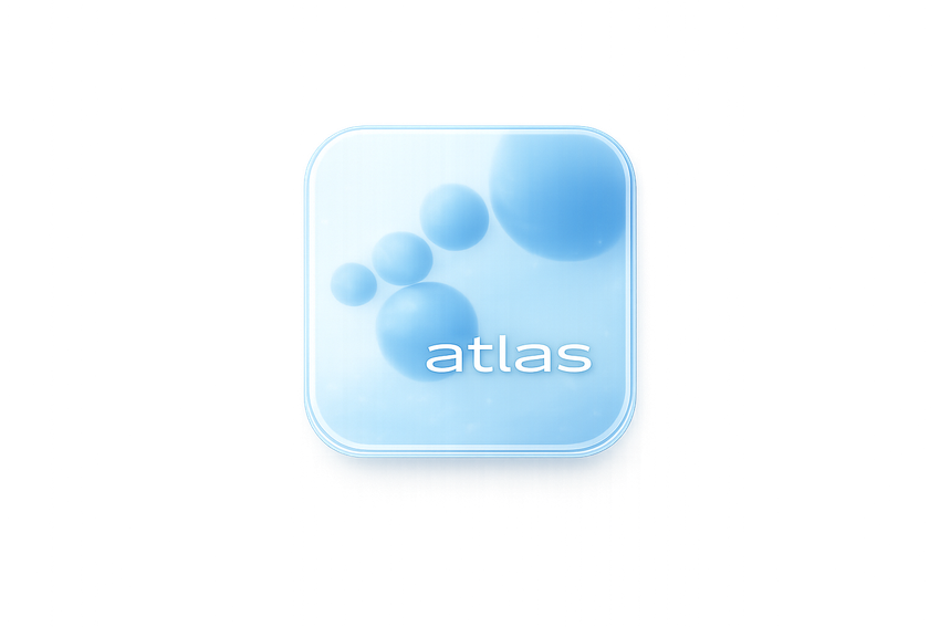A square light-blue app icon featuring overlapping blue spheres and the word 