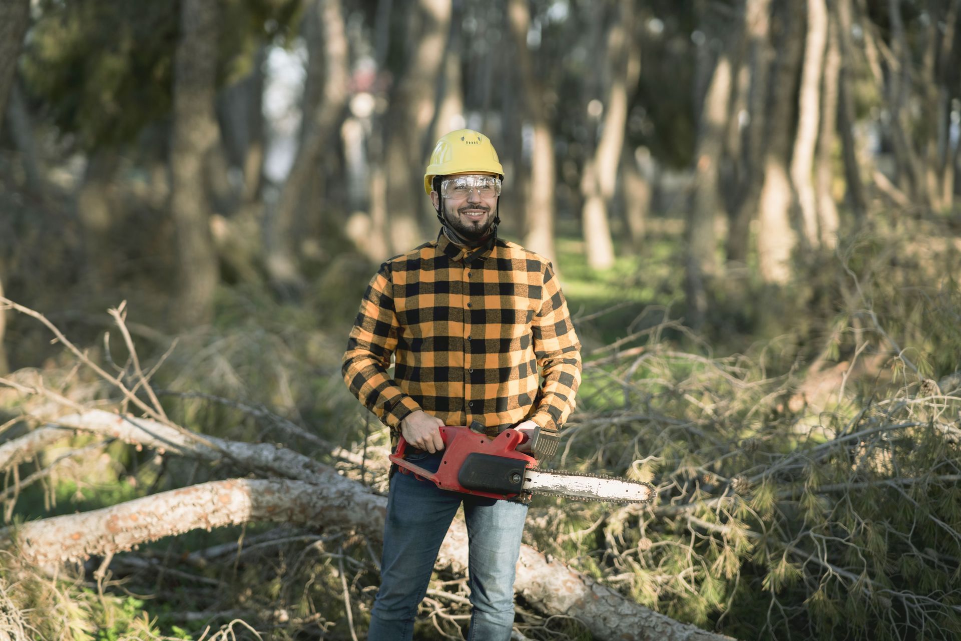 An arborist with a plaid shirt, holding a chainsaw next to a pile of cut-down trees