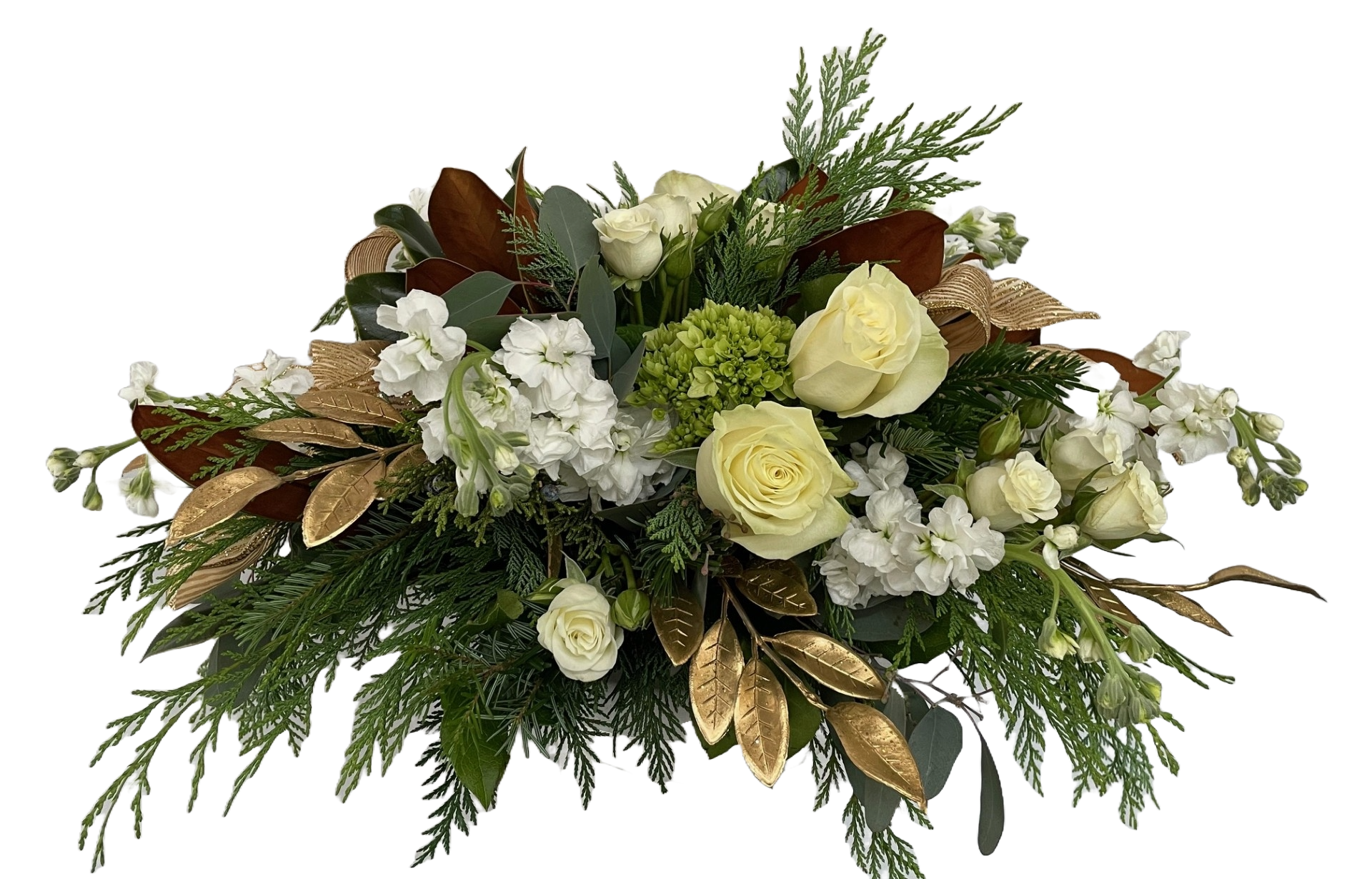 A holiday centerpiece of flowers and greenery | ElizabethsGardenShop.com