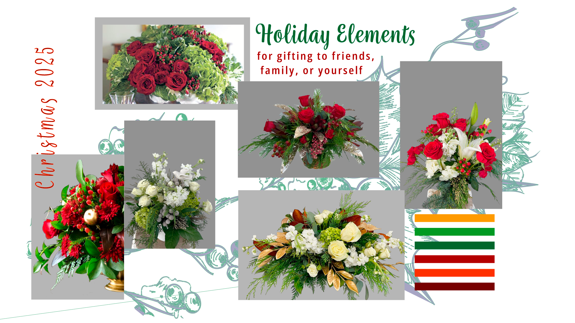 Holiday flowers for Christmas gifting: arrangements with red, white, and green blooms.