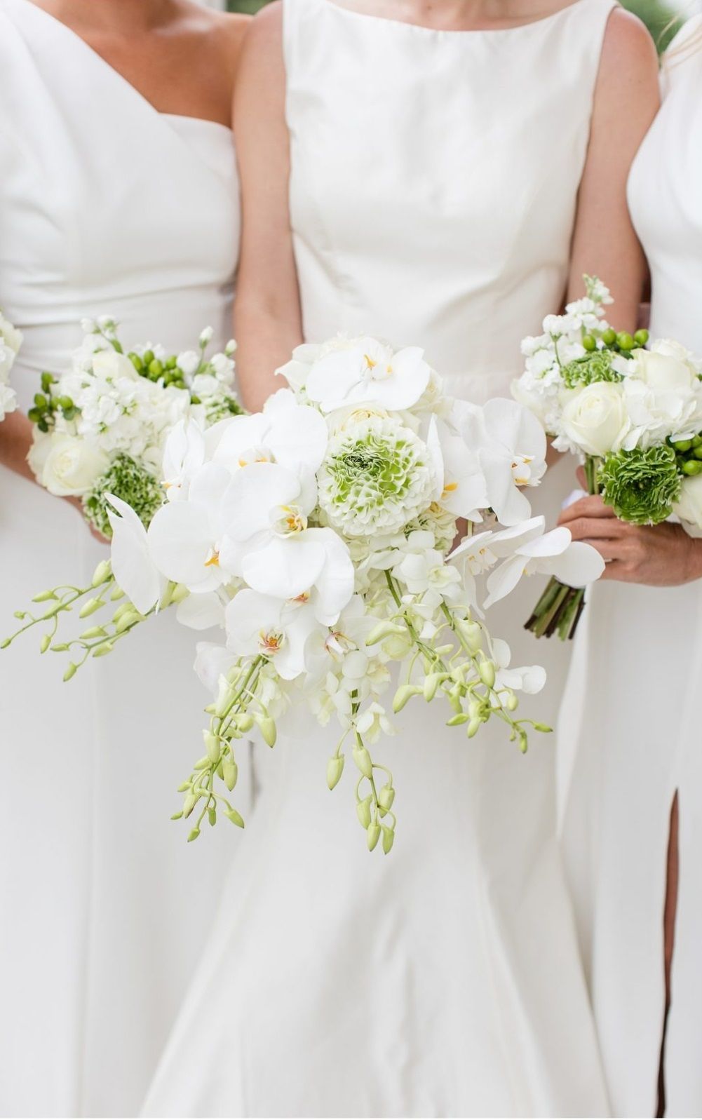 Bridesmaids in white dresses hold white and green bouquets, centered on the bride holding orchid blooms.