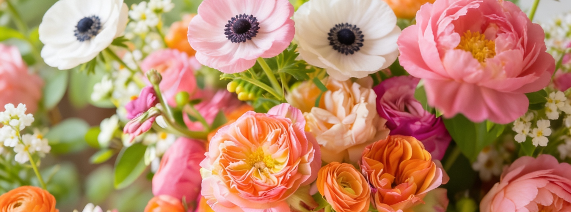 Bright mixed bouquet of pink, white, orange, and peach flowers on a light background
