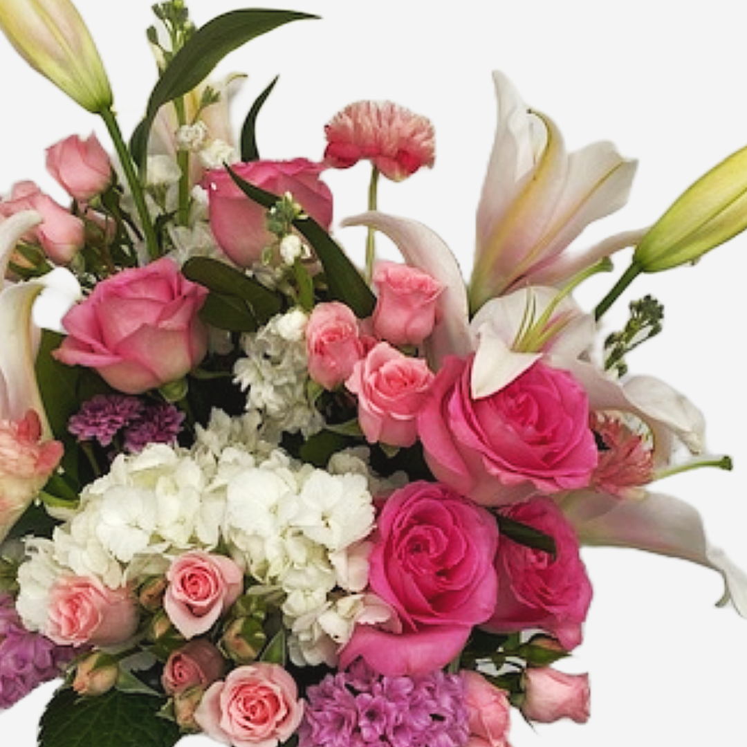 A bouquet of pink and white romantic flowers.