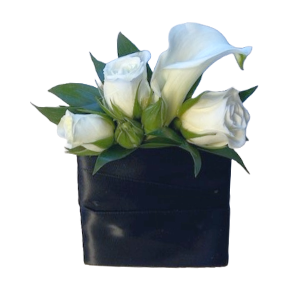 A black pocket boutonniere with white flowers on a white background