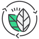 Two leaves inside a circular recycling symbol, representing sustainability.