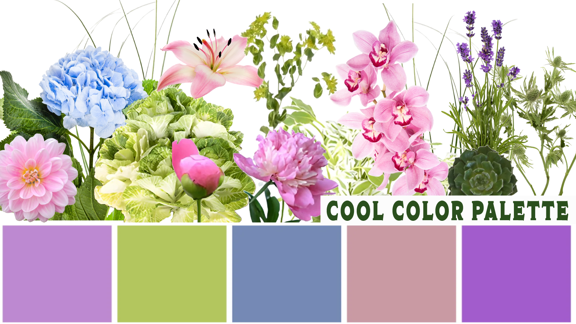 Cool color palette with flowers: pink, blue, green, and purple blooms.