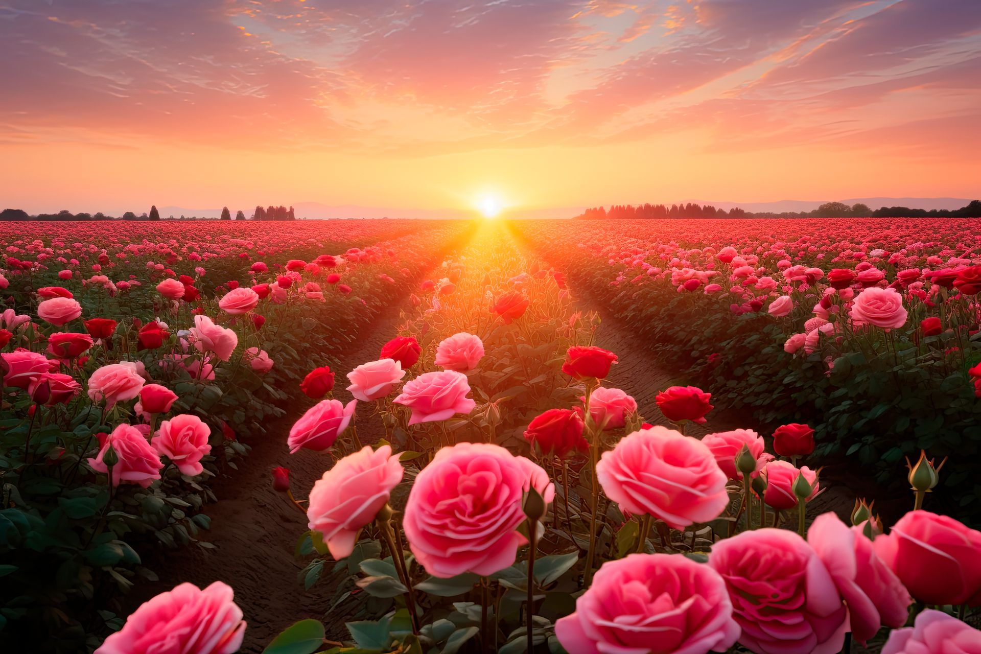 Field of roses at sunrise.