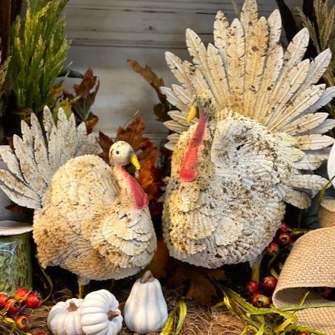 A pair of metal turkeys for fall table scaping - Elizabeth's Garden, Mobile AL.