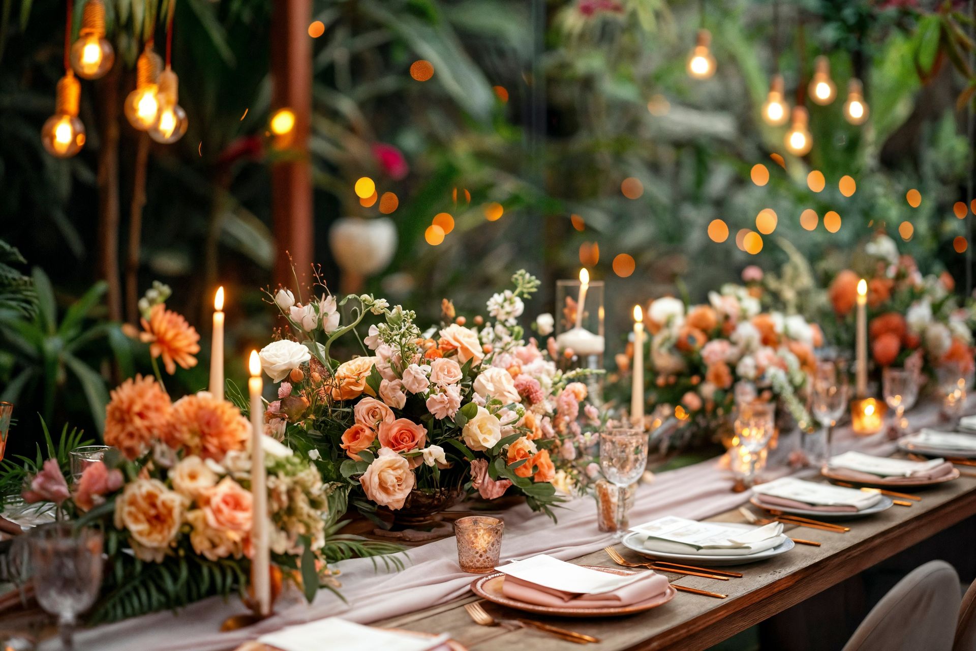 Long table set for an outdoor event, decorated with flowers, candles, and string lights.