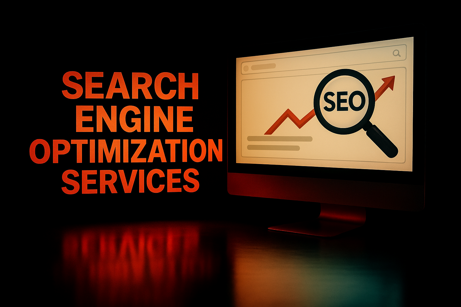 A computer screen with a magnifying glass and the words `` search engine optimization services ''.
