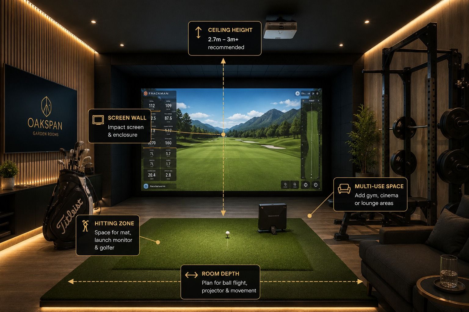Oakspan bespoke golf simulator garden room built in Scotland
