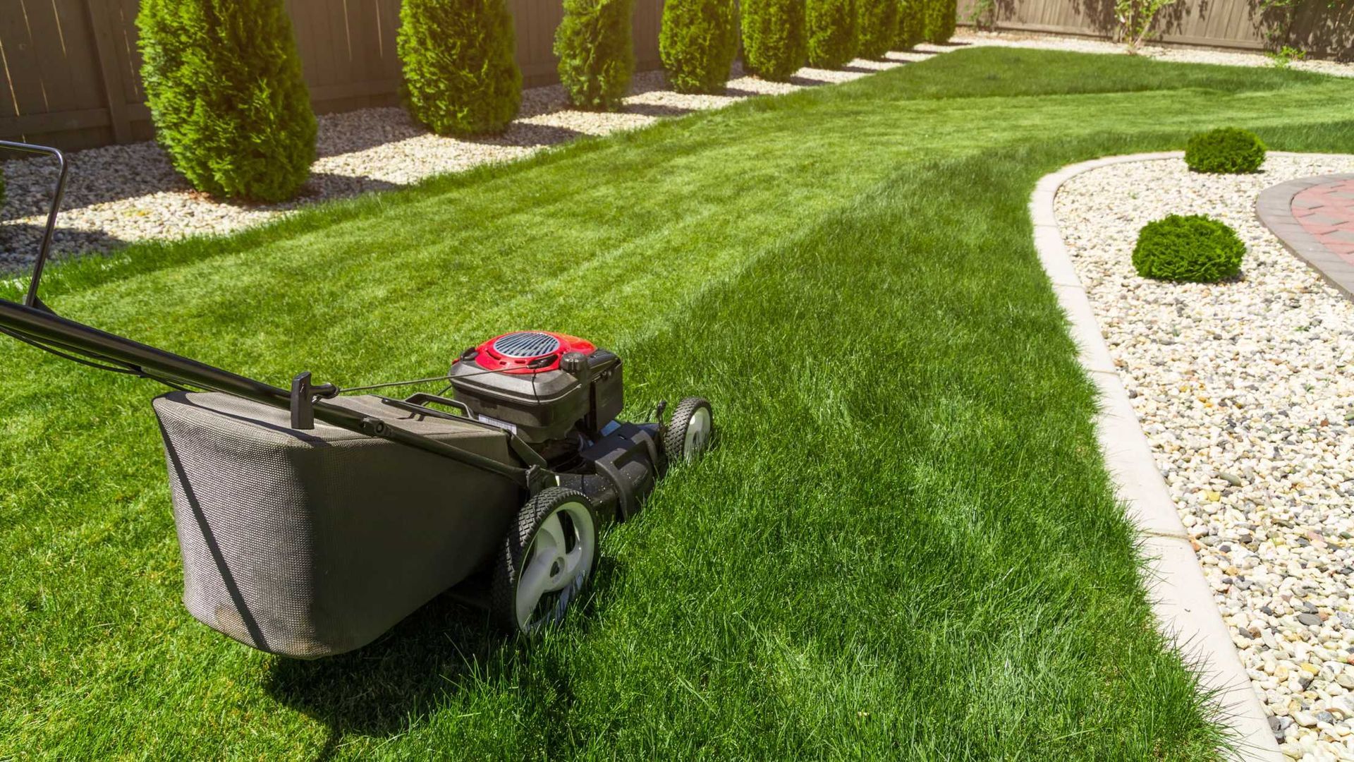 A lawn mower is cutting a lush green lawn in a backyard.