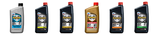 Six bottles of engine oil with black or tan labels and different colored caps.