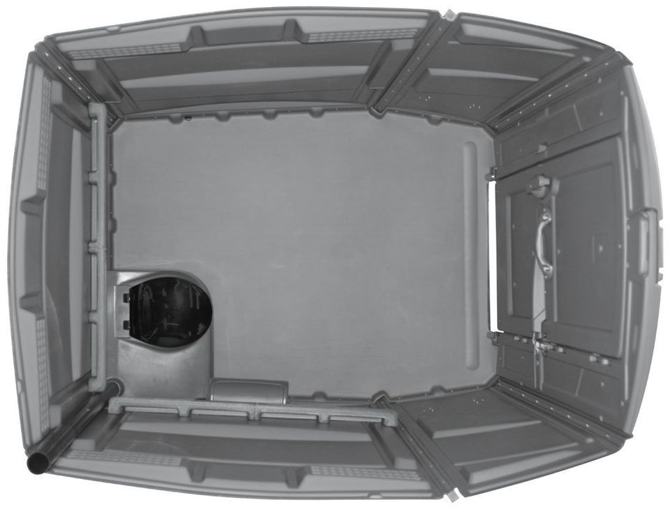 The inside of a gray container with a toilet in it