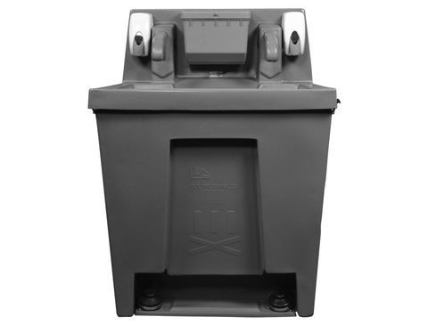 A gray trash can with wheels on a white background.
