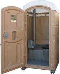 A brown portable toilet with the door open and a toilet inside.