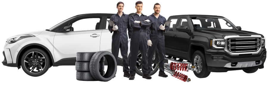 Mechanics standing in front of white car and black truck | Napa McQueen