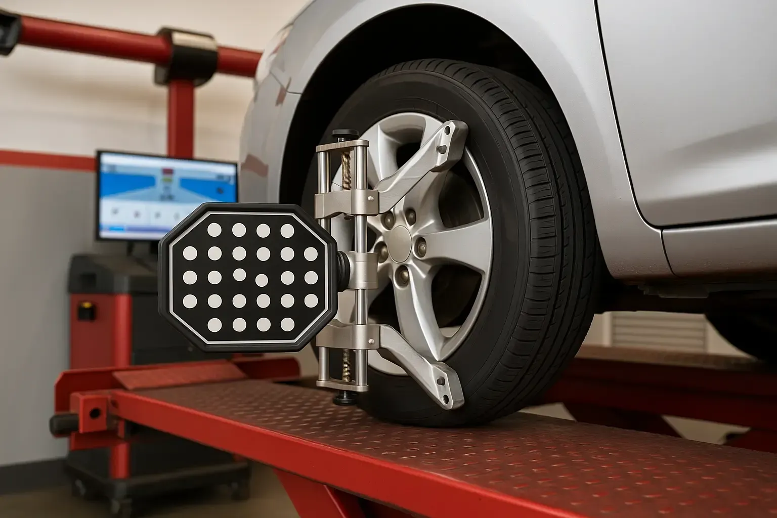 Car wheel being aligned on a red lift with alignment equipment attached. Computer screen visible in background. | Musser Automotive