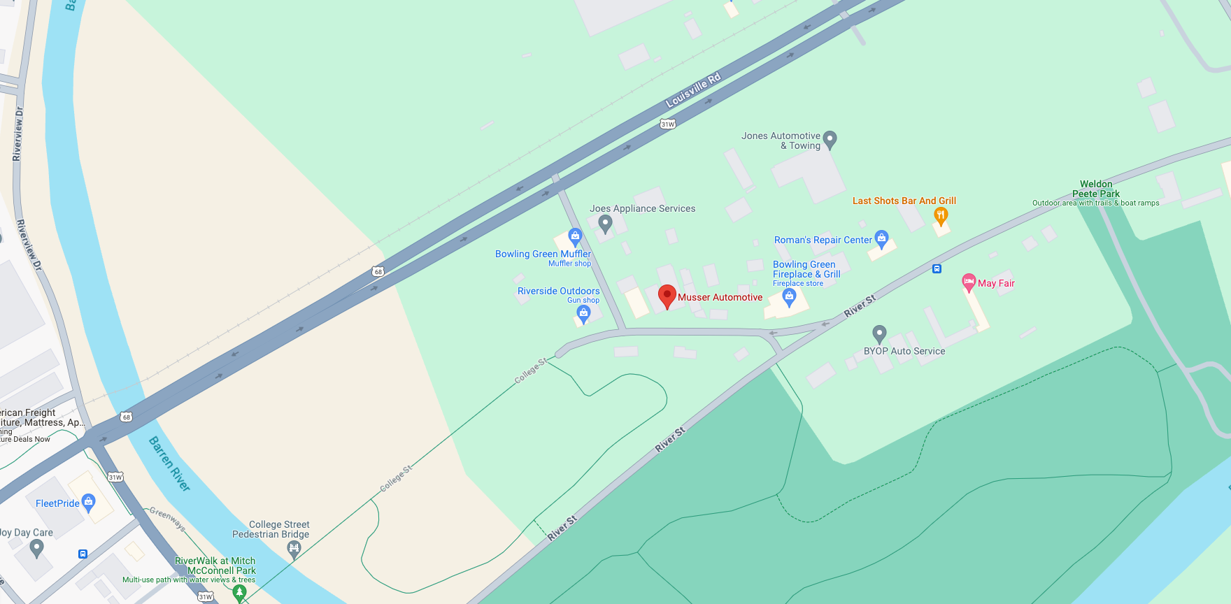 Map showing Musser Automotive's location at 1343 Old Louisville Rd, Bowling Green, KY, with nearby streets including Old Louisville Rd, River St, and Lowe Ave, for easy navigation to our auto repair shop.