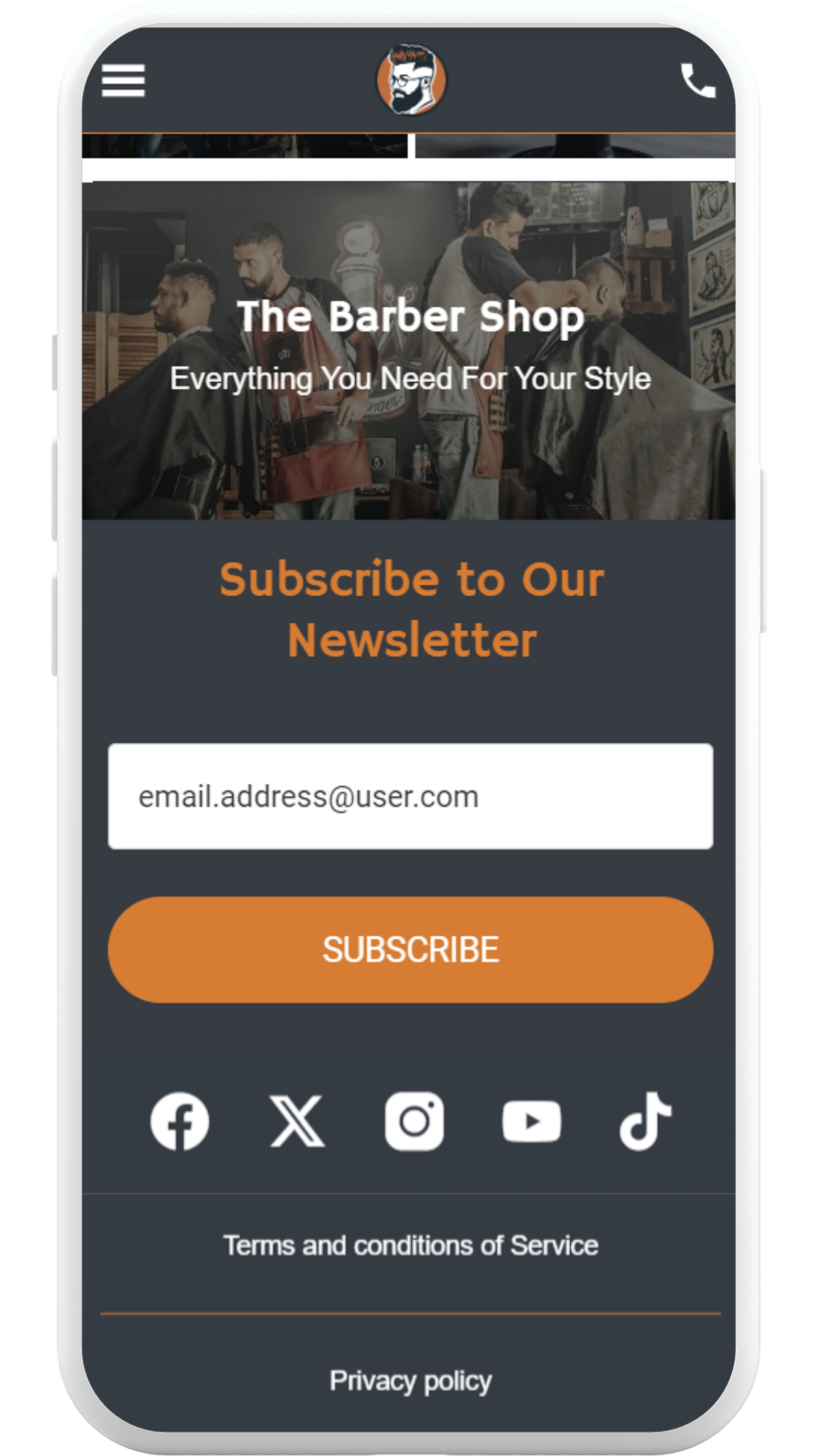 Mobile phone screen displaying a barber shop website, with a newsletter signup form.