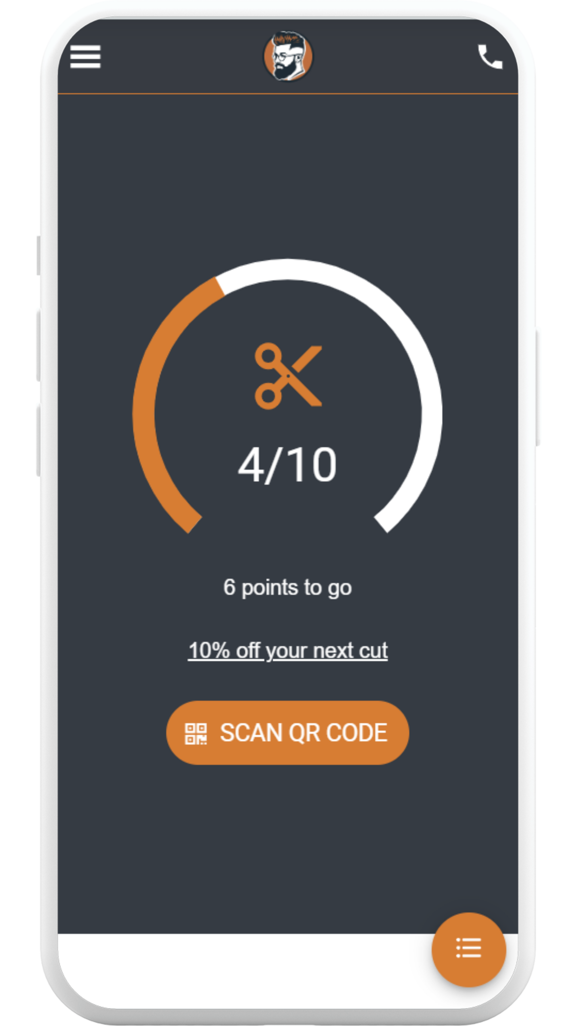 Mobile app screen displaying a loyalty program: 4/10 points, a progress ring, and a scan QR code button.