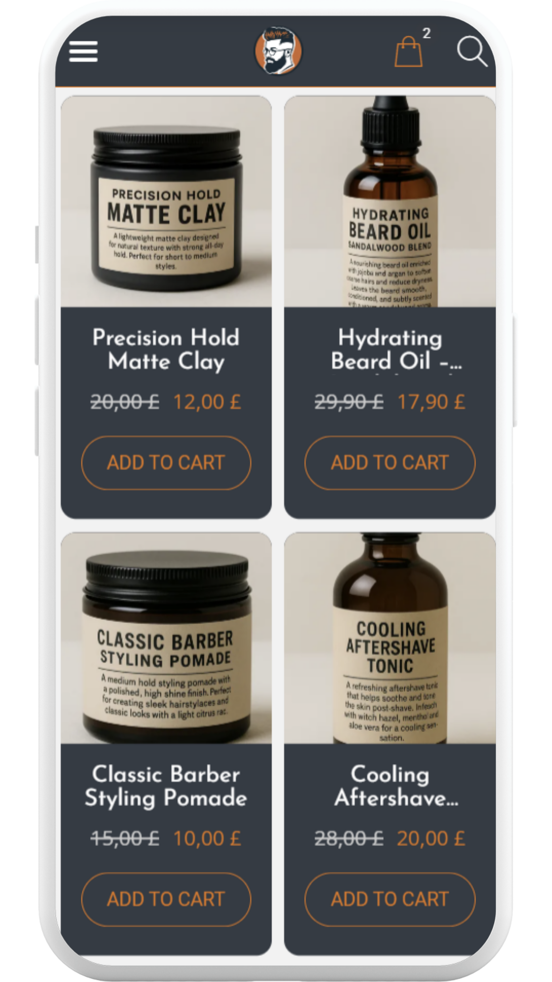 A mobile phone displaying an online store with men's grooming products: Matte Clay, Beard Oil, Styling Pomade, Aftershave Tonic.