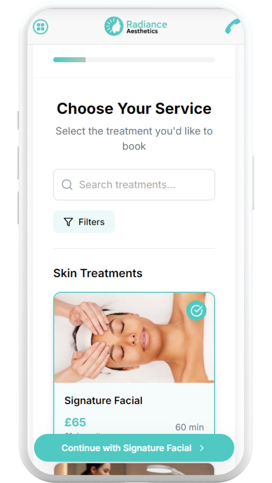 Mobile screen showing service selection: 