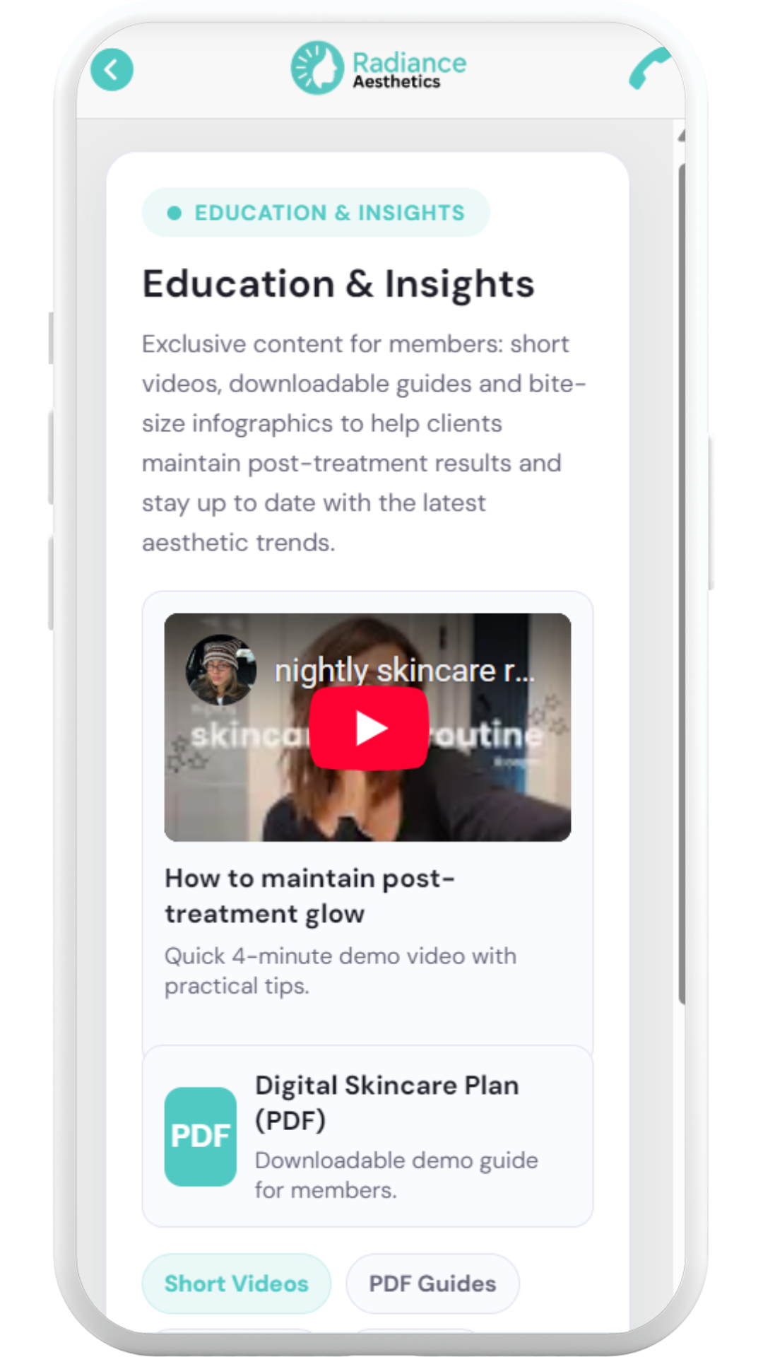 Mobile app screen: Education and insights section with videos and PDF guides on skincare.