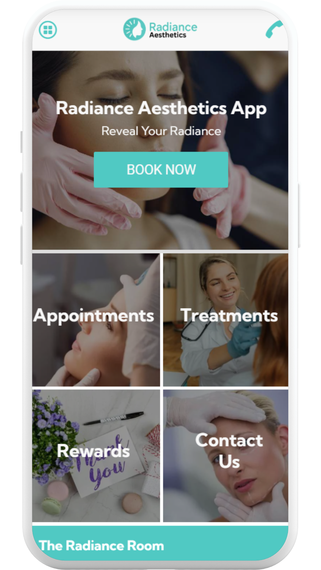 Mobile app interface for Radiance Aesthetics, showcasing appointments, treatments, rewards, and contact options.
