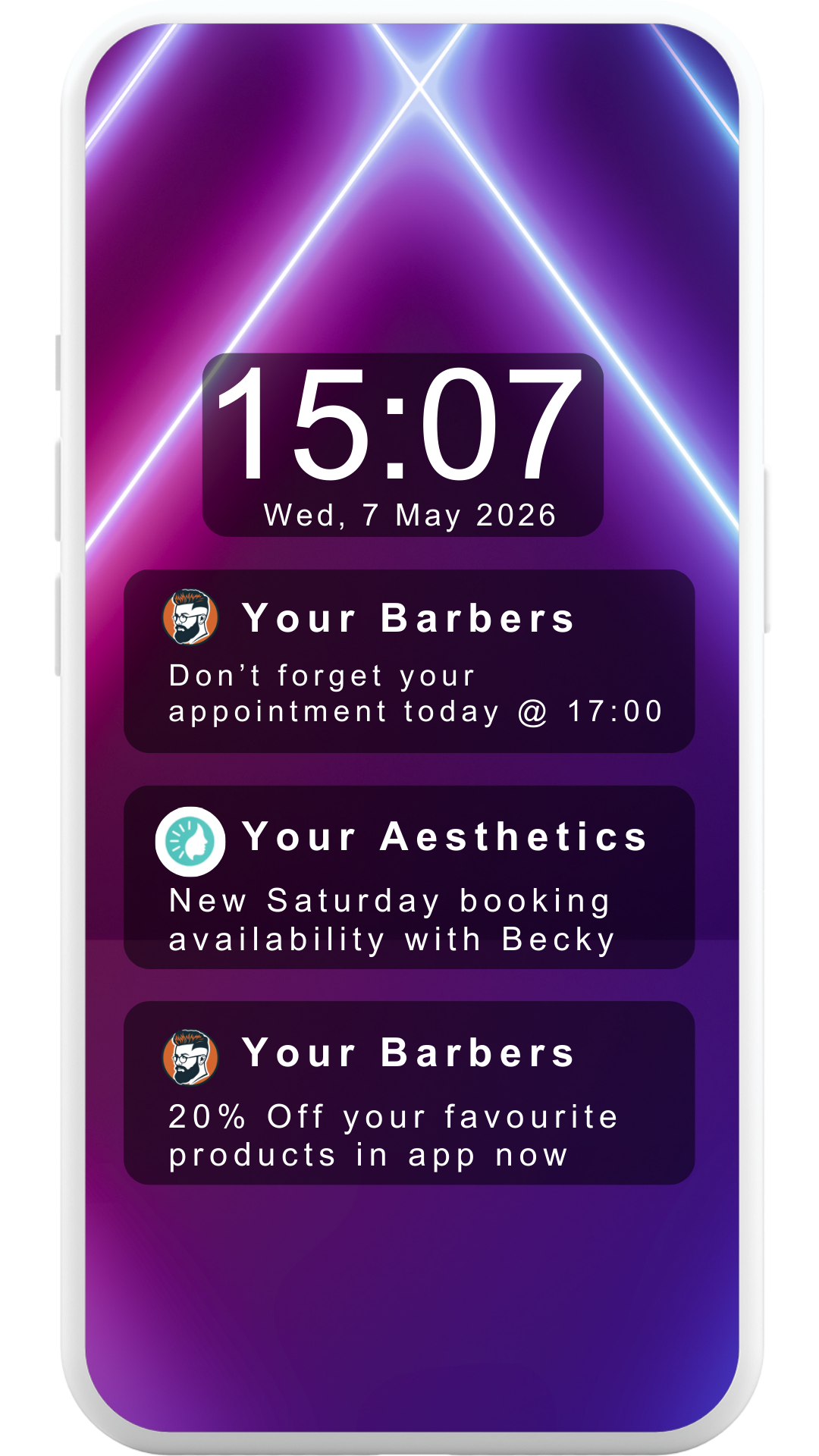 Smartphone screen displaying notifications: appointment reminder, new booking availability, and discount offer from businesses.