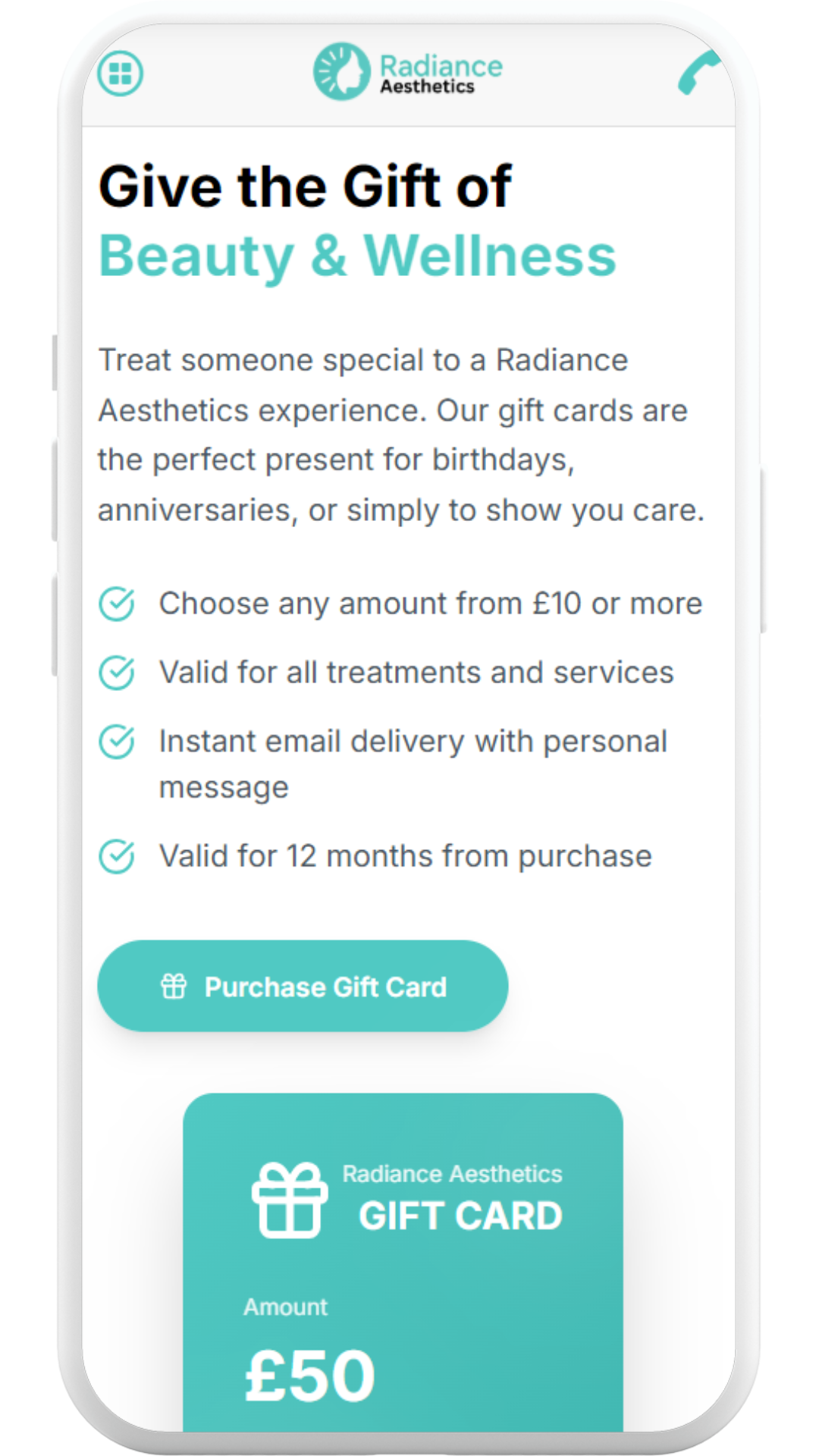 Smartphone screen: Radiance Aesthetics gift card purchase. Offers beauty & wellness gift, various amounts, email delivery, and 12-month validity.