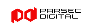 A logo for parsec digital with red pointed shaped initials PD on a white background.
