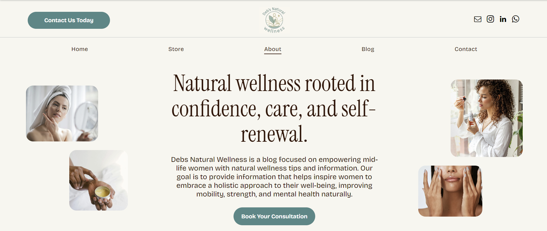 Woman with a towel on head touching her face, next to text and an image of someone applying serum.