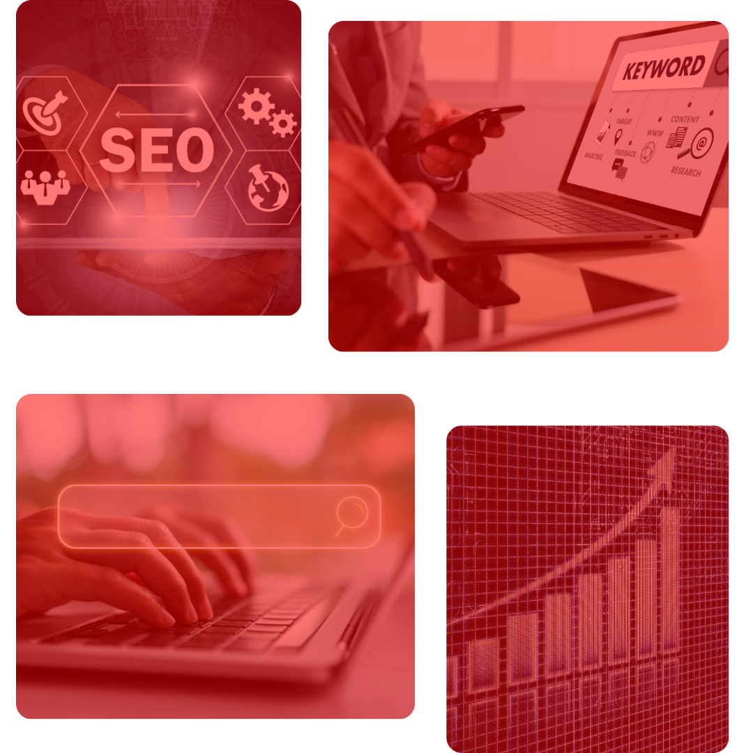 SEO concept collage: hands, laptop with keyword graphic, typing on keyboard, bar graph rising, all overlaid with a red filter.