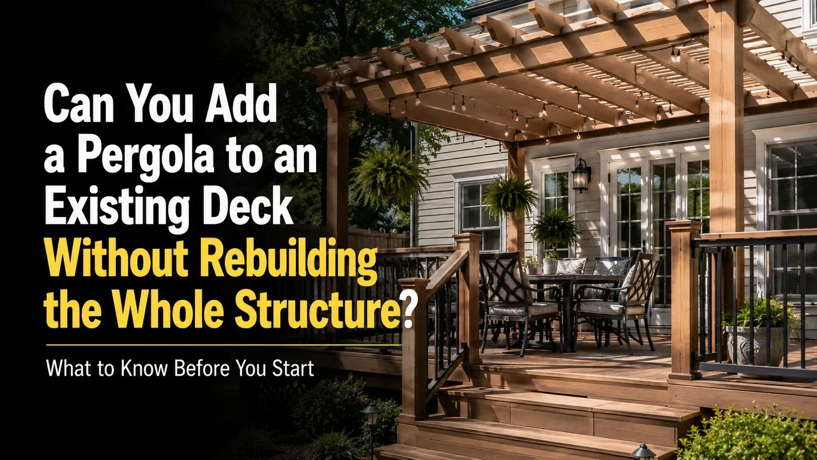 A cozy wooden pergola installed over a brown composite deck with patio furniture.