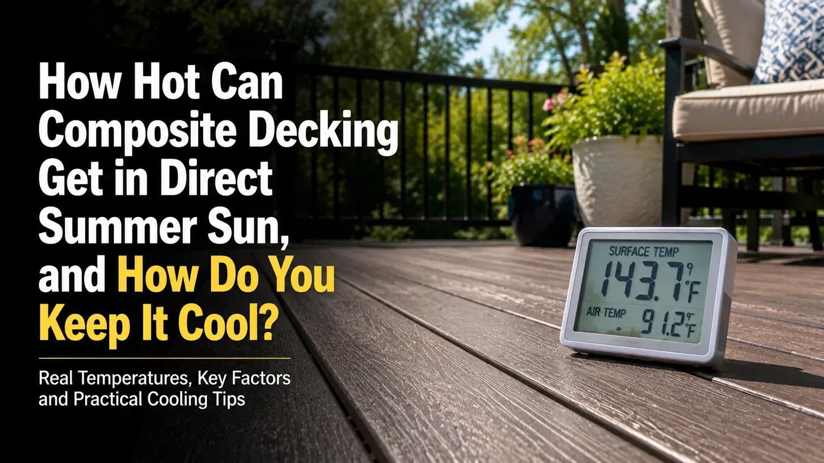 A digital thermometer resting on a brown composite deck in direct sunlight, displaying a surface temperature of 143.7°F and an air temperature of 91.2°F.
