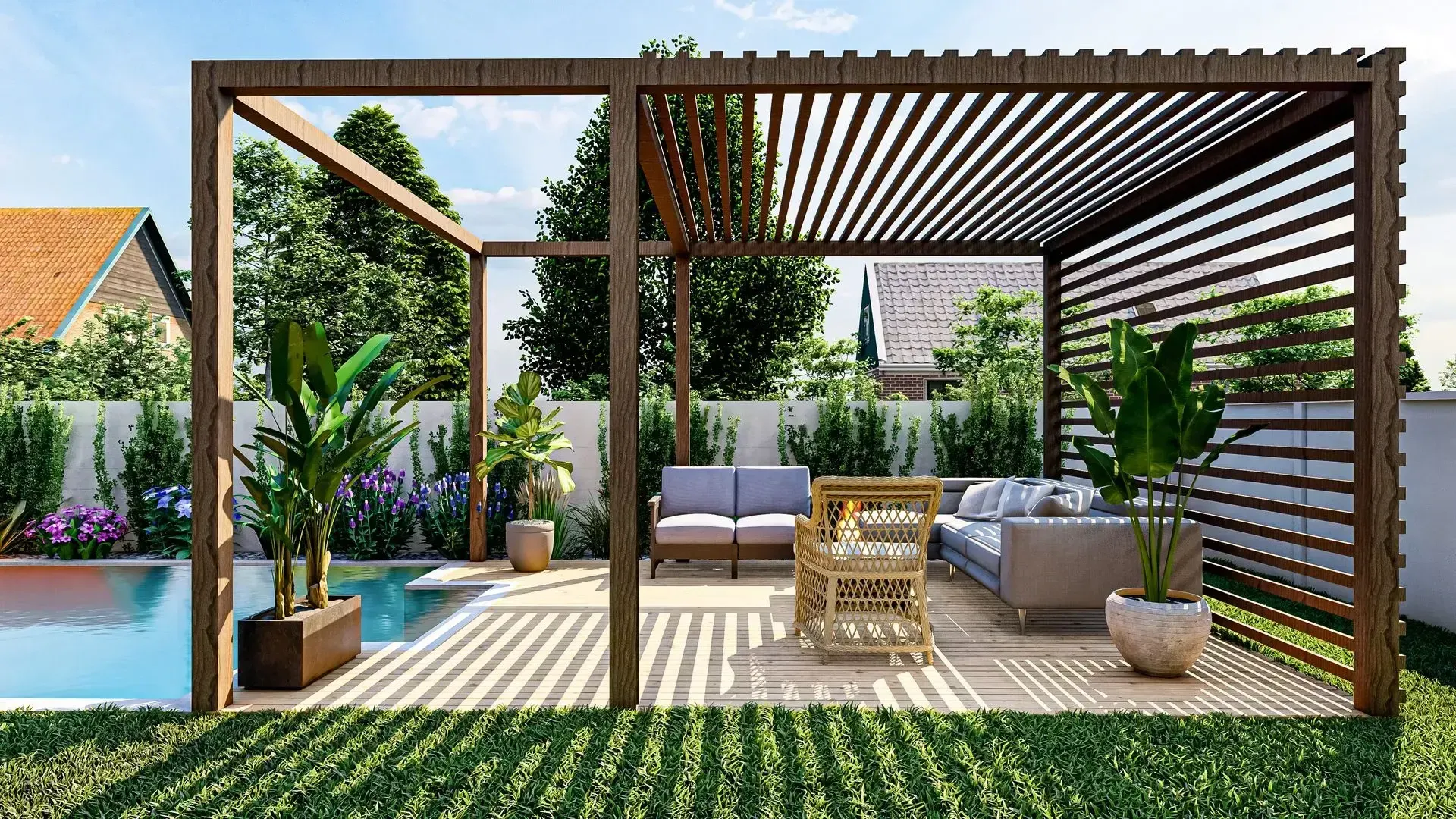 Pergola with seating area near a pool, set in a sunny backyard with plants and greenery.
