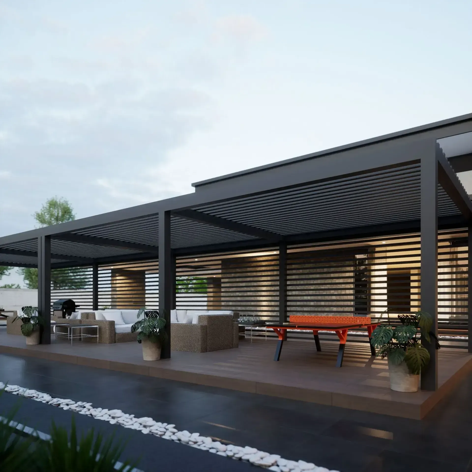 Modern patio with dark pergola, outdoor furniture, and ping pong table.