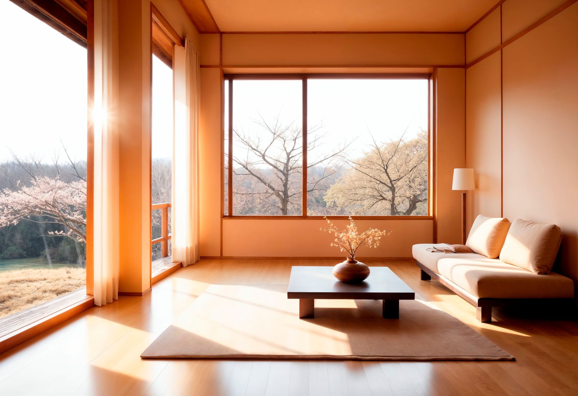 Minimalist sunlit room with large windows, wooden floor, low table, and beige sofa overlooking a garden